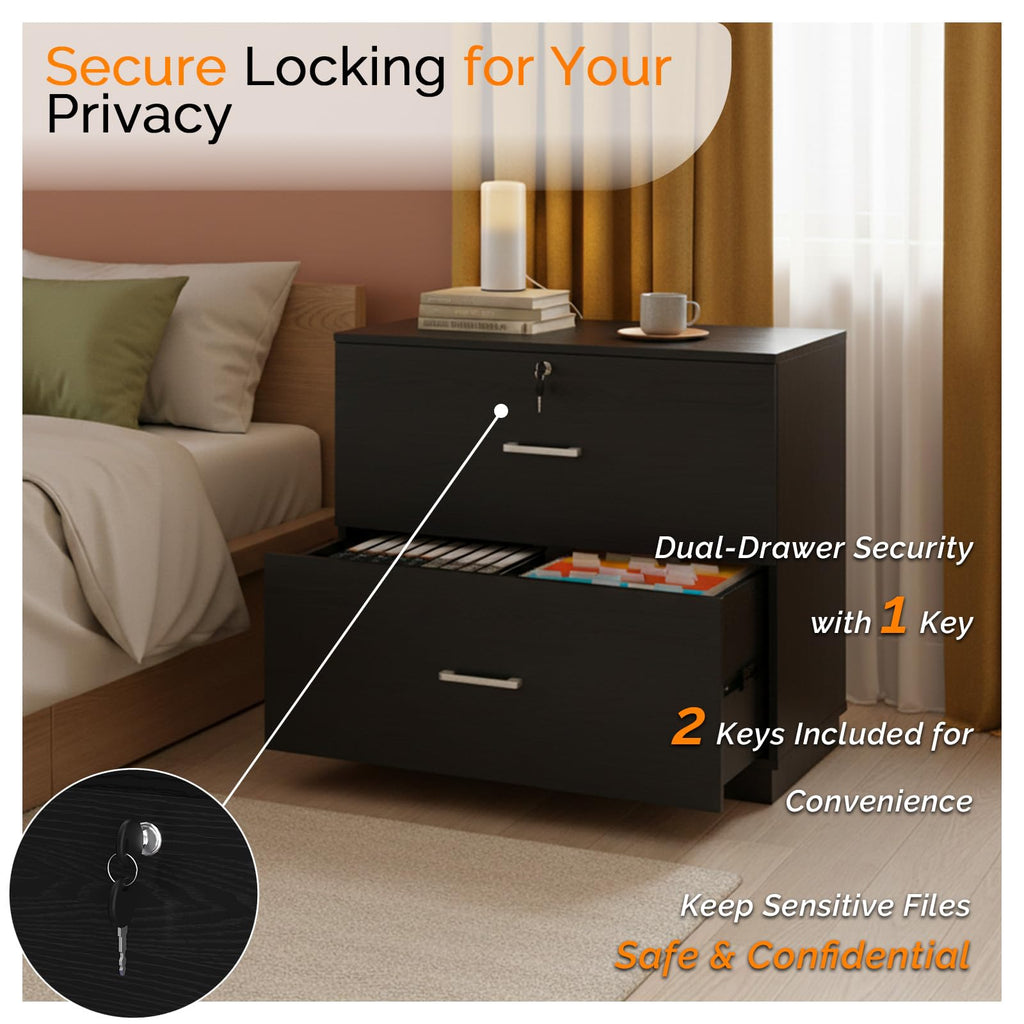Black 2 Drawer Wood Lateral File Cabinet with Lock M677803