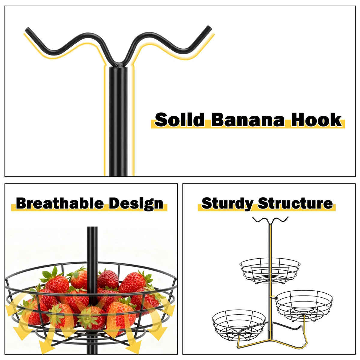 3 Tier Fruit Basket Bowl with 2 Banana Hooks Z221