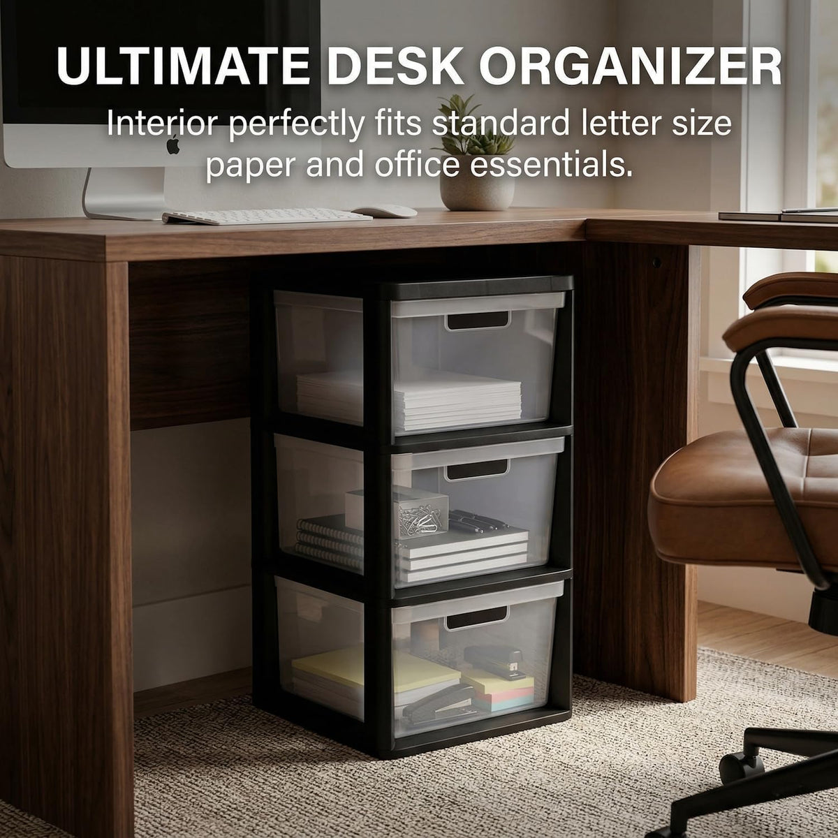 Black 3 Drawer Plastic Storage Tower with Clear Removable Bins C731