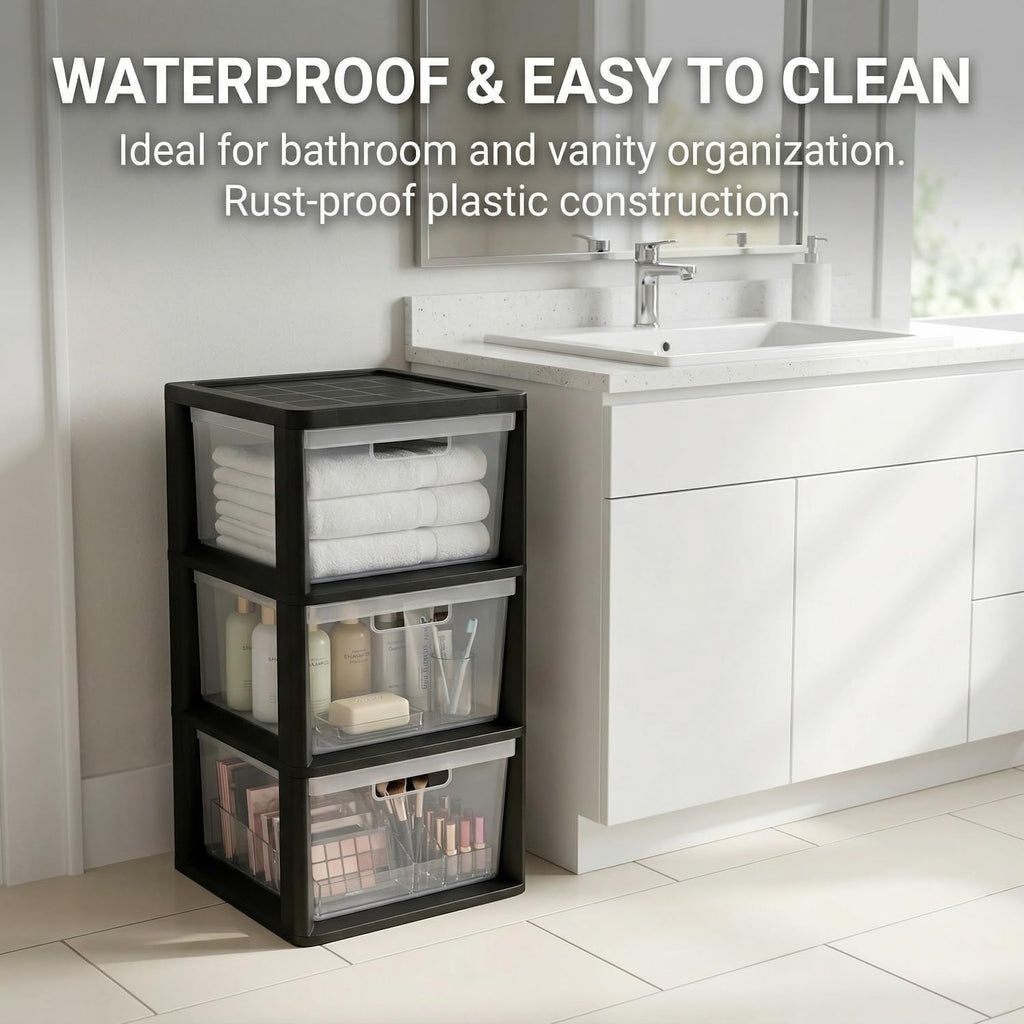 Black 3 Drawer Plastic Storage Tower with Clear Removable Bins C731