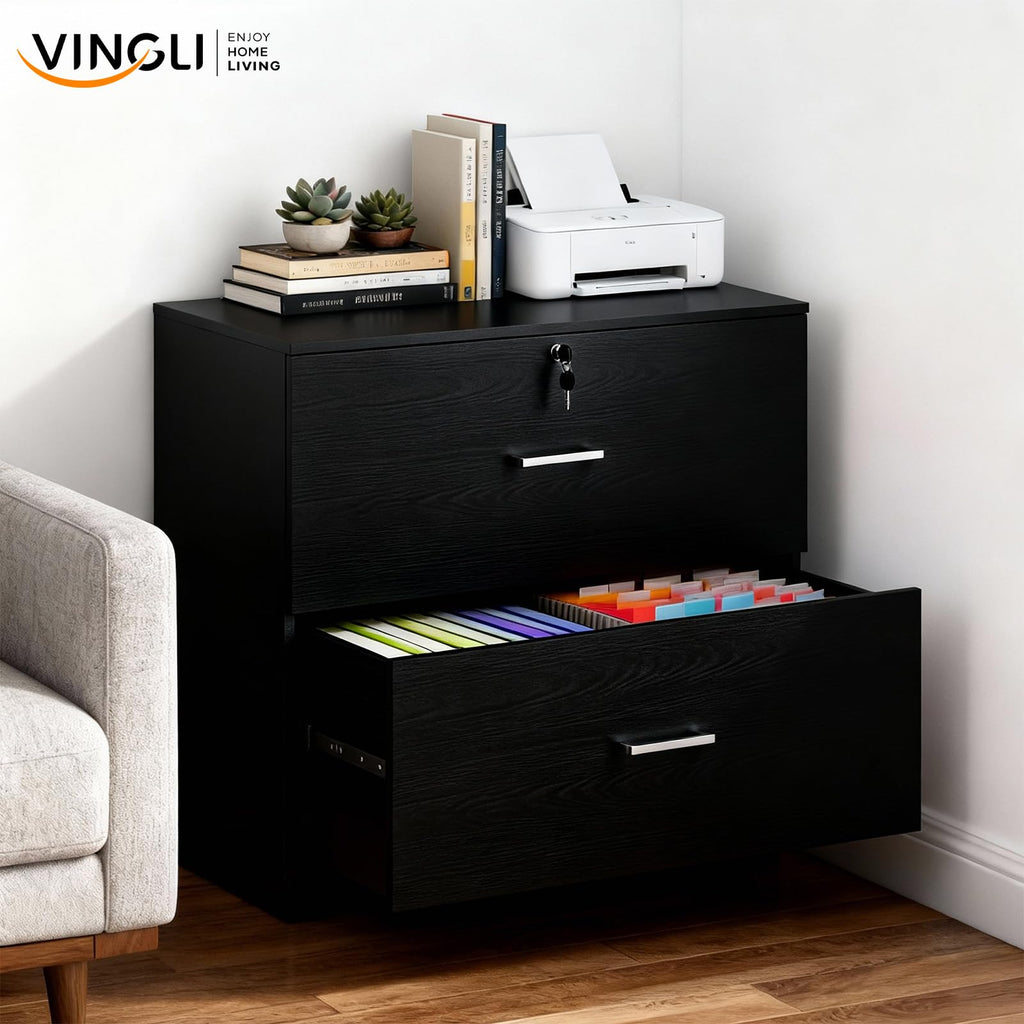 Black 2 Drawer Wood Lateral File Cabinet with Lock M677803