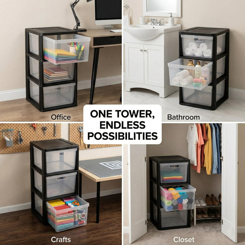 Black 3 Drawer Plastic Storage Tower with Clear Removable Bins C731
