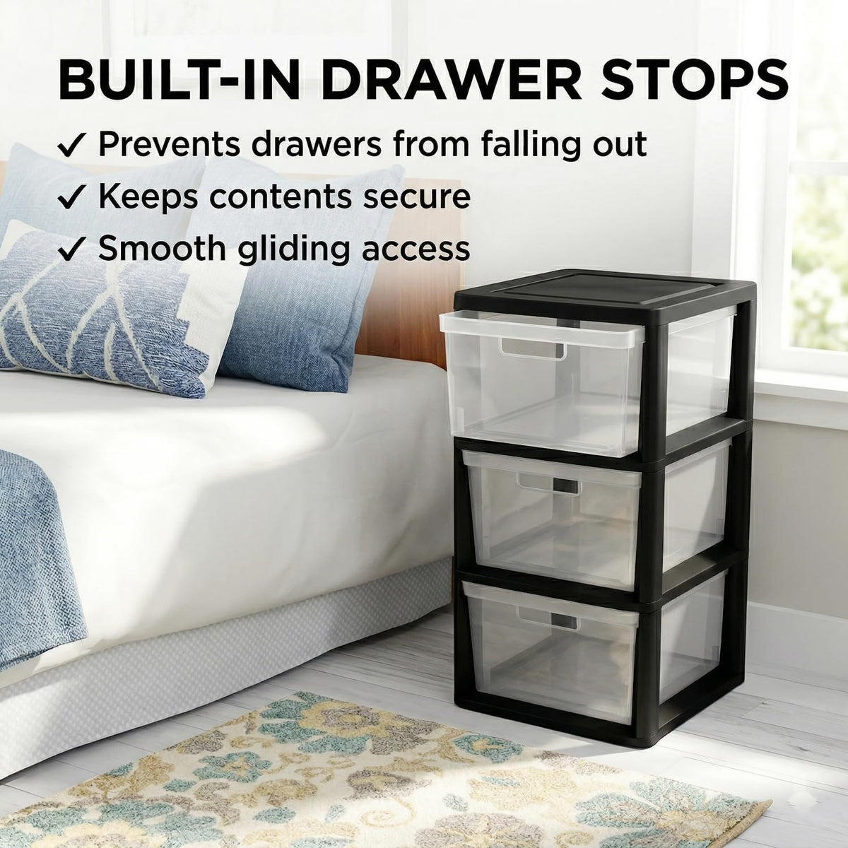 Black 3 Drawer Plastic Storage Tower with Clear Removable Bins C731