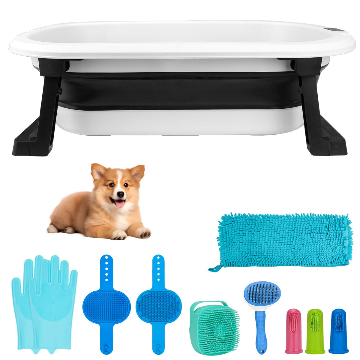 Collapsible Pet Bathtub with Water Drain Plug and Grooming Brush K5208