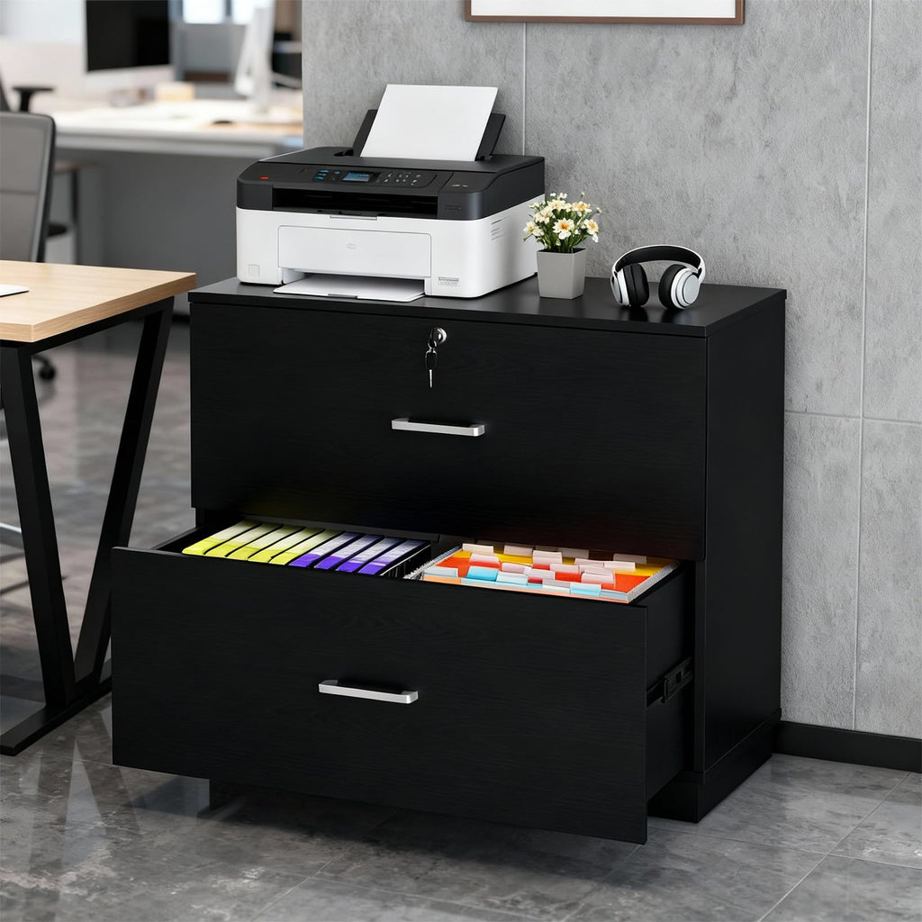 Black 2 Drawer Wood Lateral File Cabinet with Lock M677803