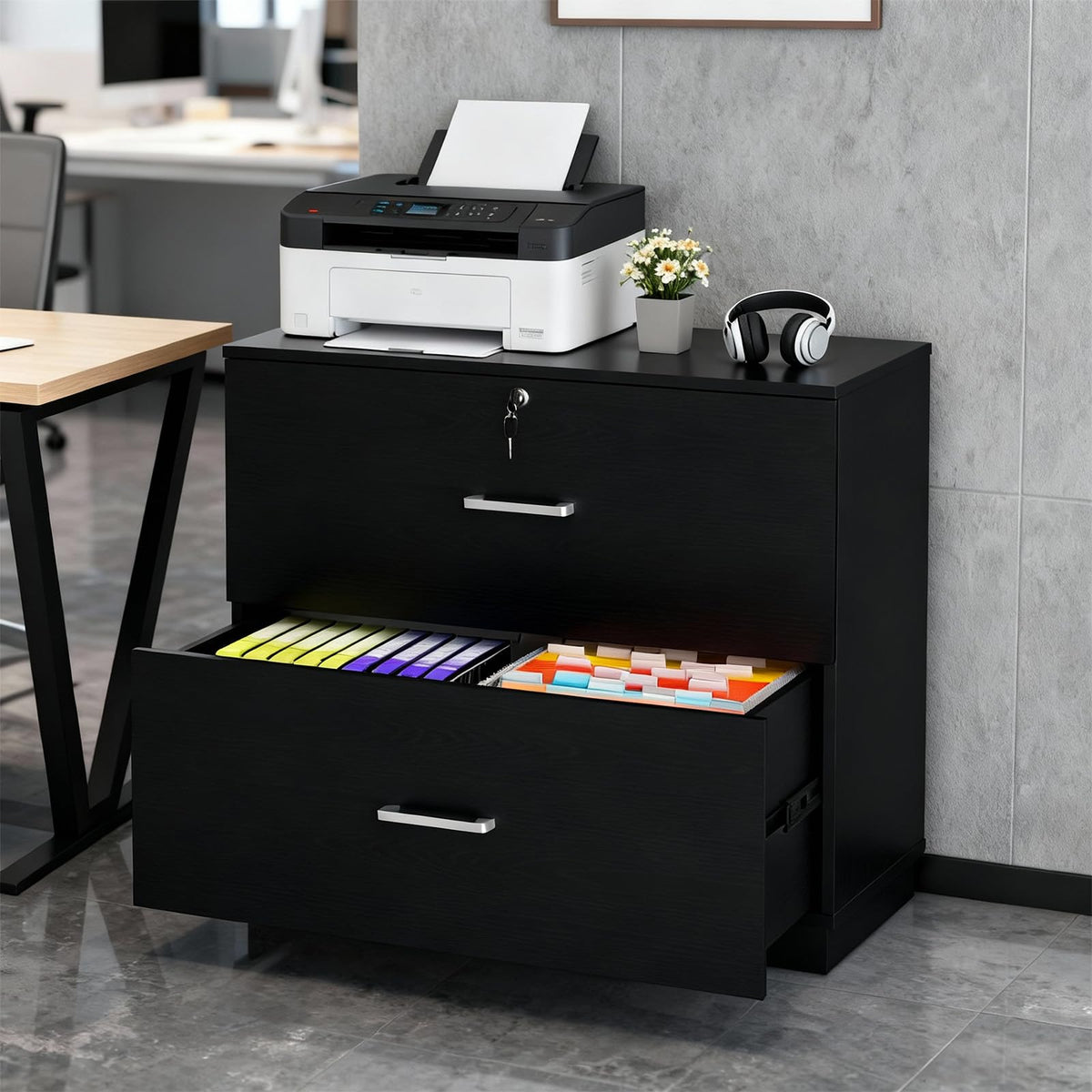 Black 2 Drawer Wood Lateral File Cabinet with Lock M677803