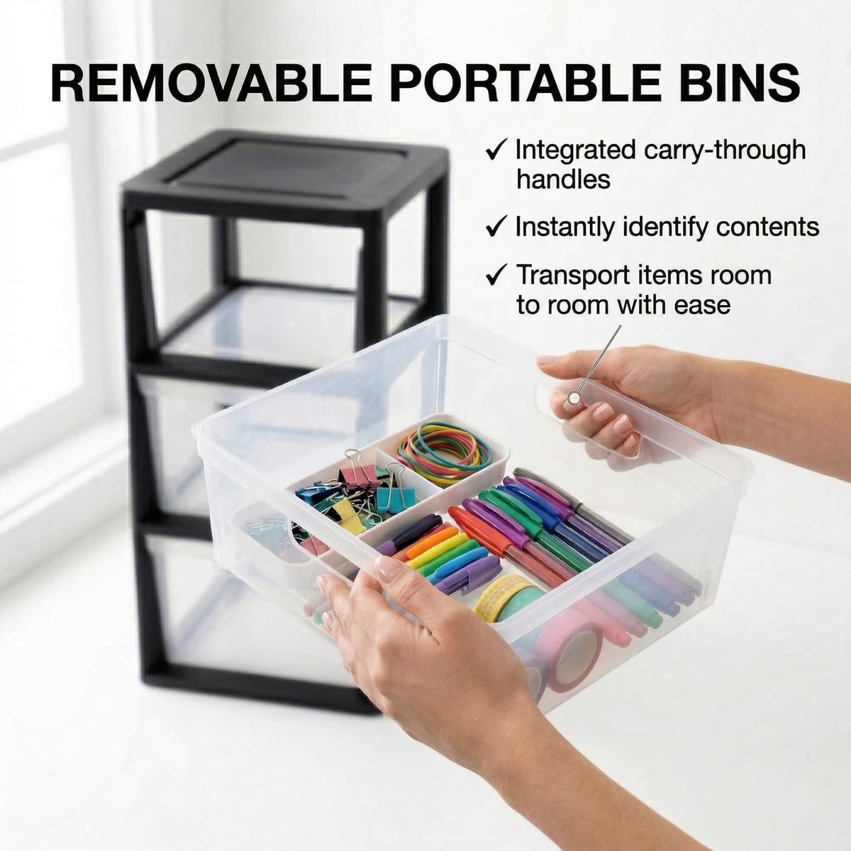Black 3 Drawer Plastic Storage Tower with Clear Removable Bins C731