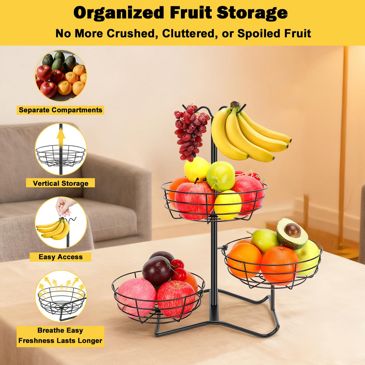 3 Tier Fruit Basket Bowl with 2 Banana Hooks Z221