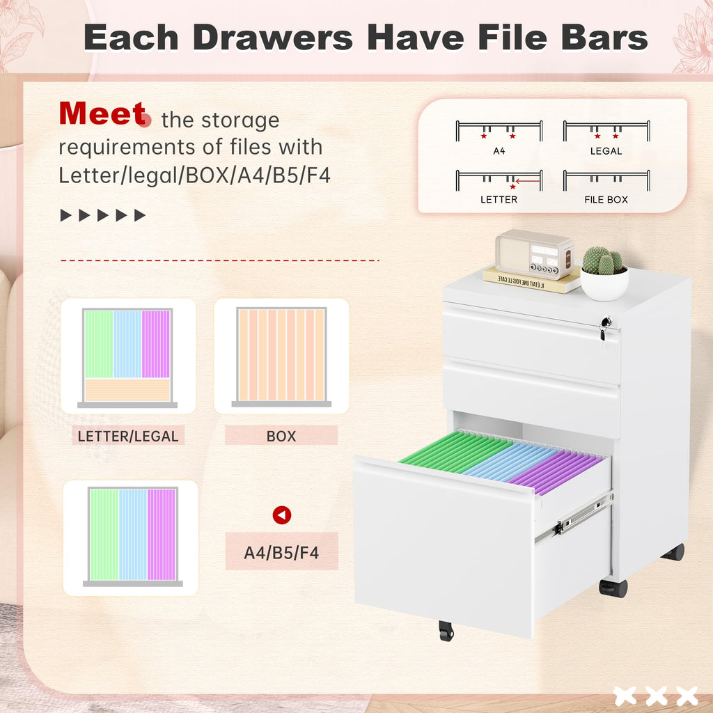 White 3 Drawer Metal Rolling File Cabinet E7210