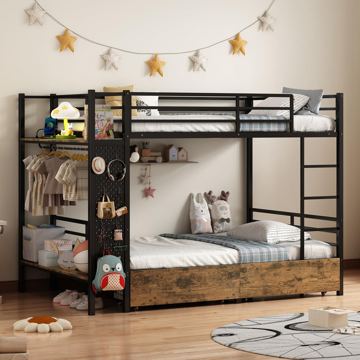 Twin Over Twin Metal Bunk Bed with Storage S1344