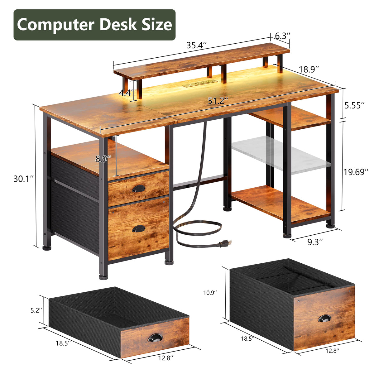 51" Computer Desk with Outlets & LED, Brown U486