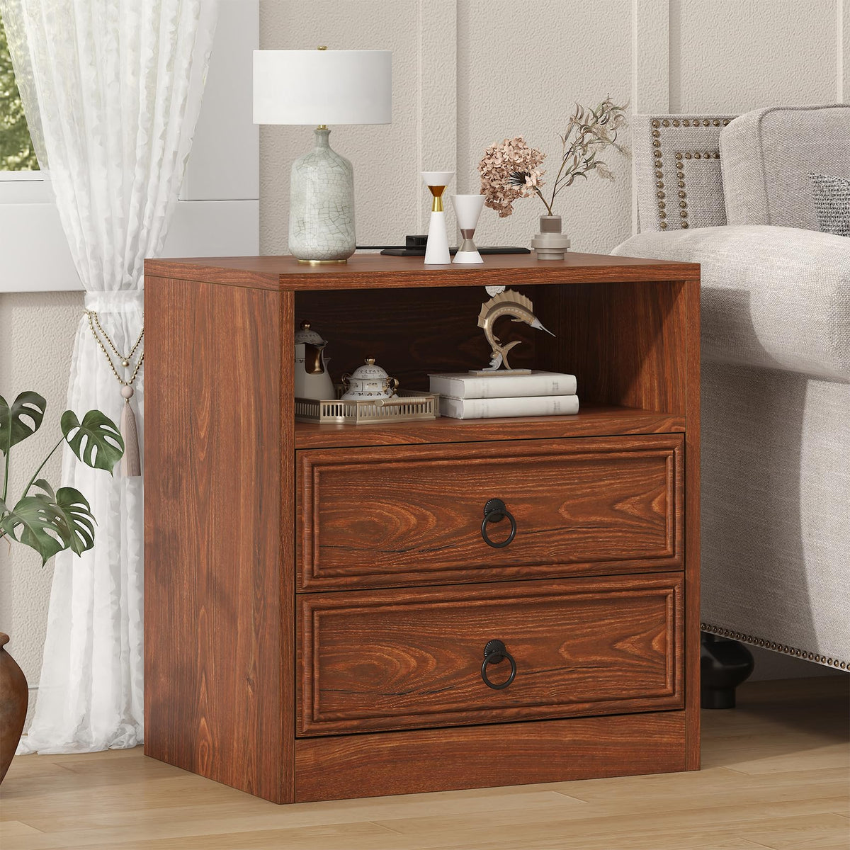 21.7" Wide Cherry Wood Nightstand with 2 Drawers U803234