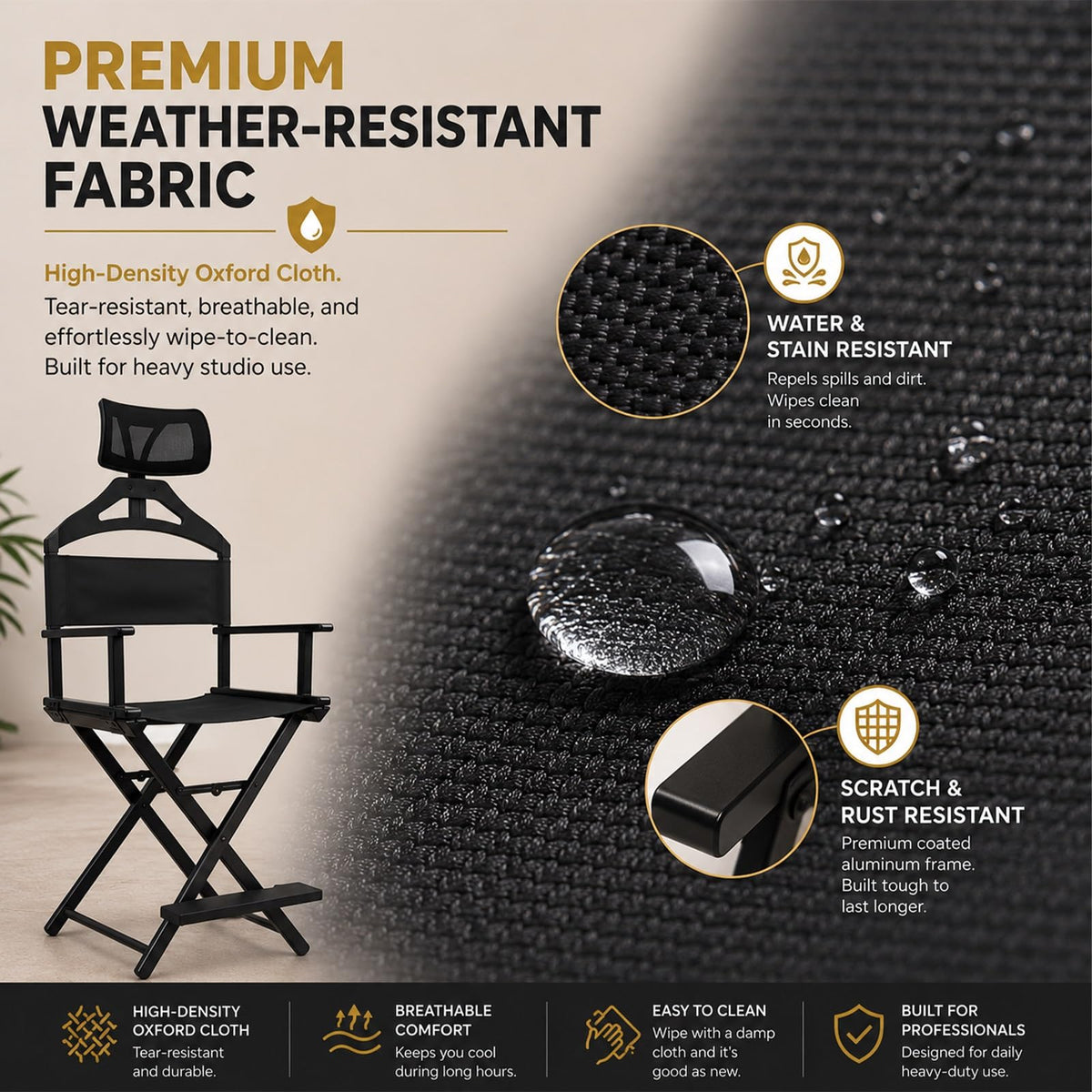 Gold Portable Collapsible Tall Makeup Artist Chair with Head Rest G70046