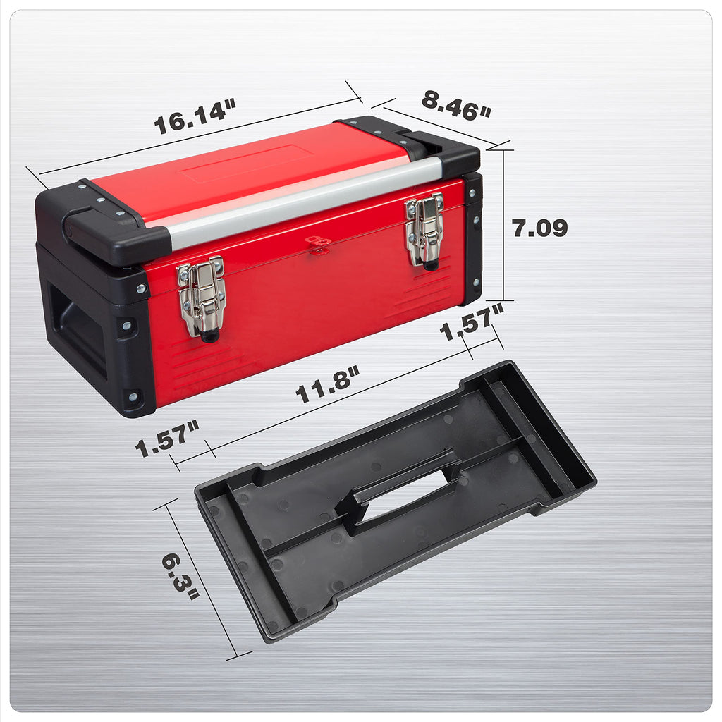 16" Inch Steel Metal Tool Box with Removable Tray V42527