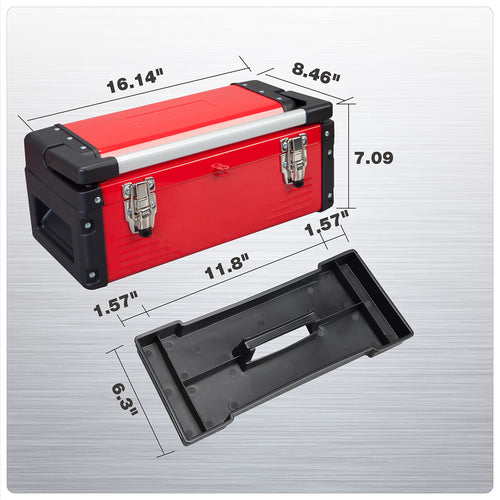 16" Inch Steel Metal Tool Box with Removable Tray V42527