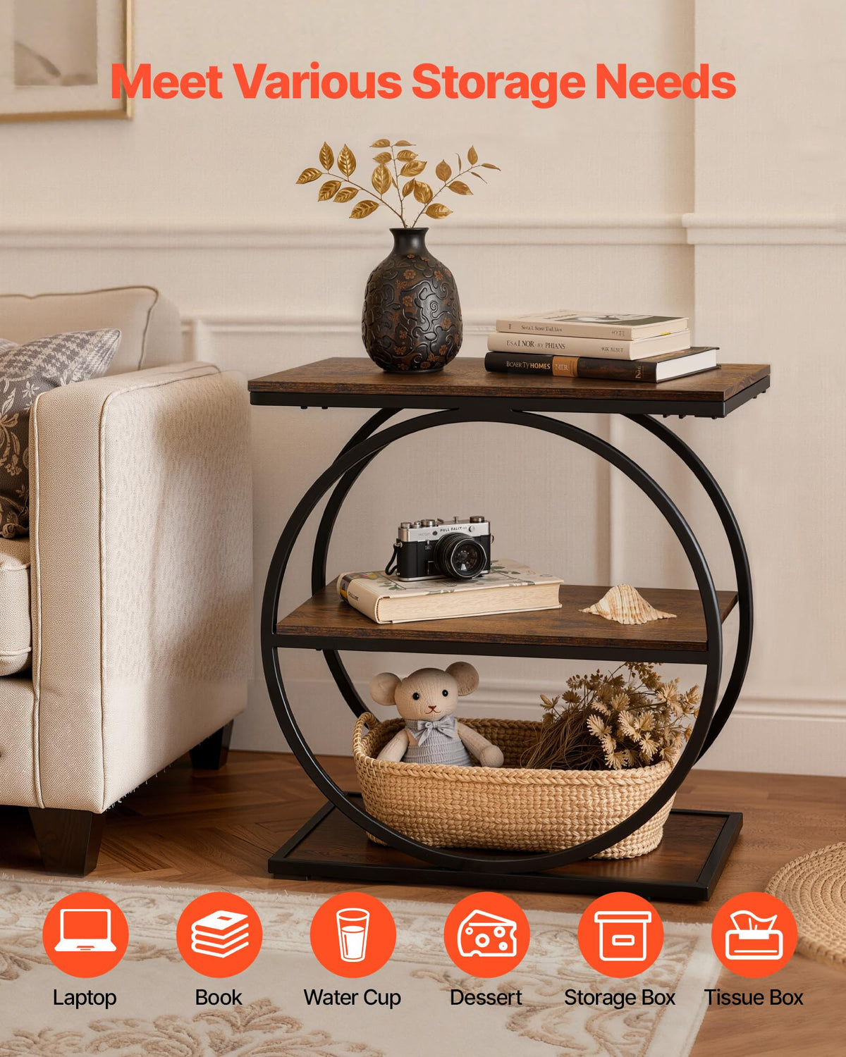 3-Tier Narrow Side Table with Open Storage Shelves Q5282