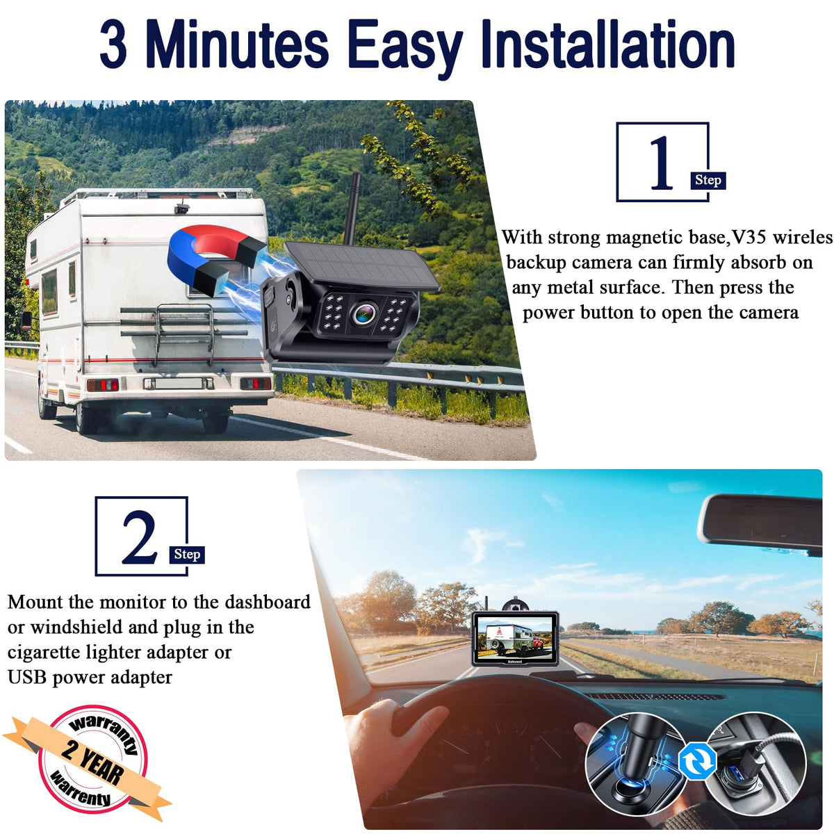 Wireless Solar Magnetic Backup Camera HD 1080P 5'' Monitor Kit Q816246