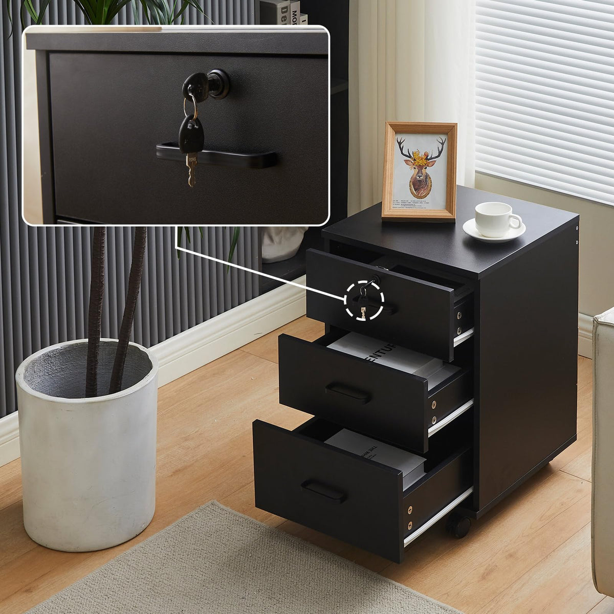 3 Drawer Black File Cabinet with Lock K7741
