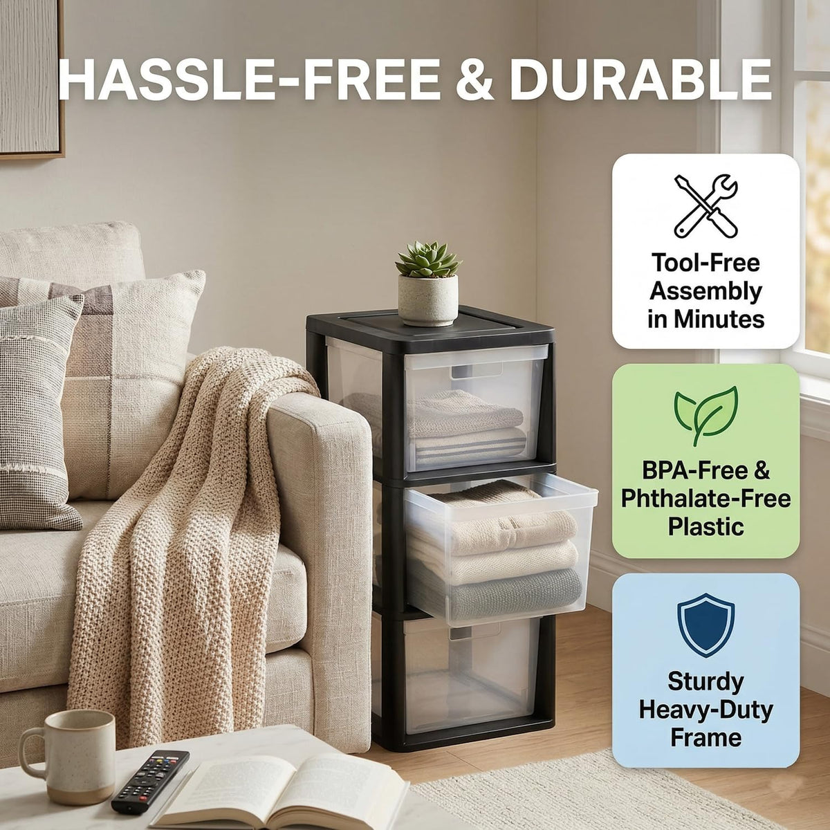 Black 3 Drawer Plastic Storage Tower with Clear Removable Bins C731