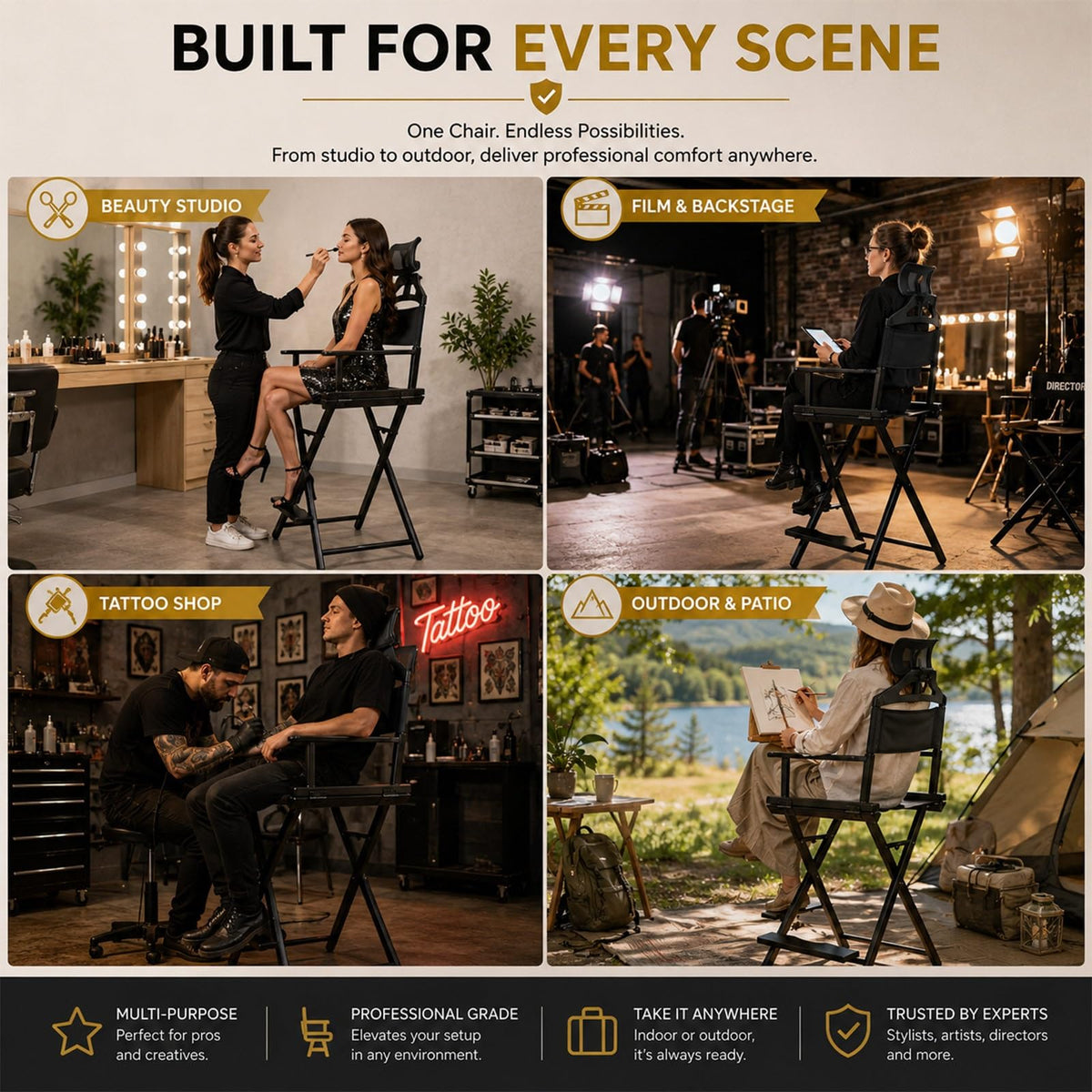 Gold Portable Collapsible Tall Makeup Artist Chair with Head Rest G70046