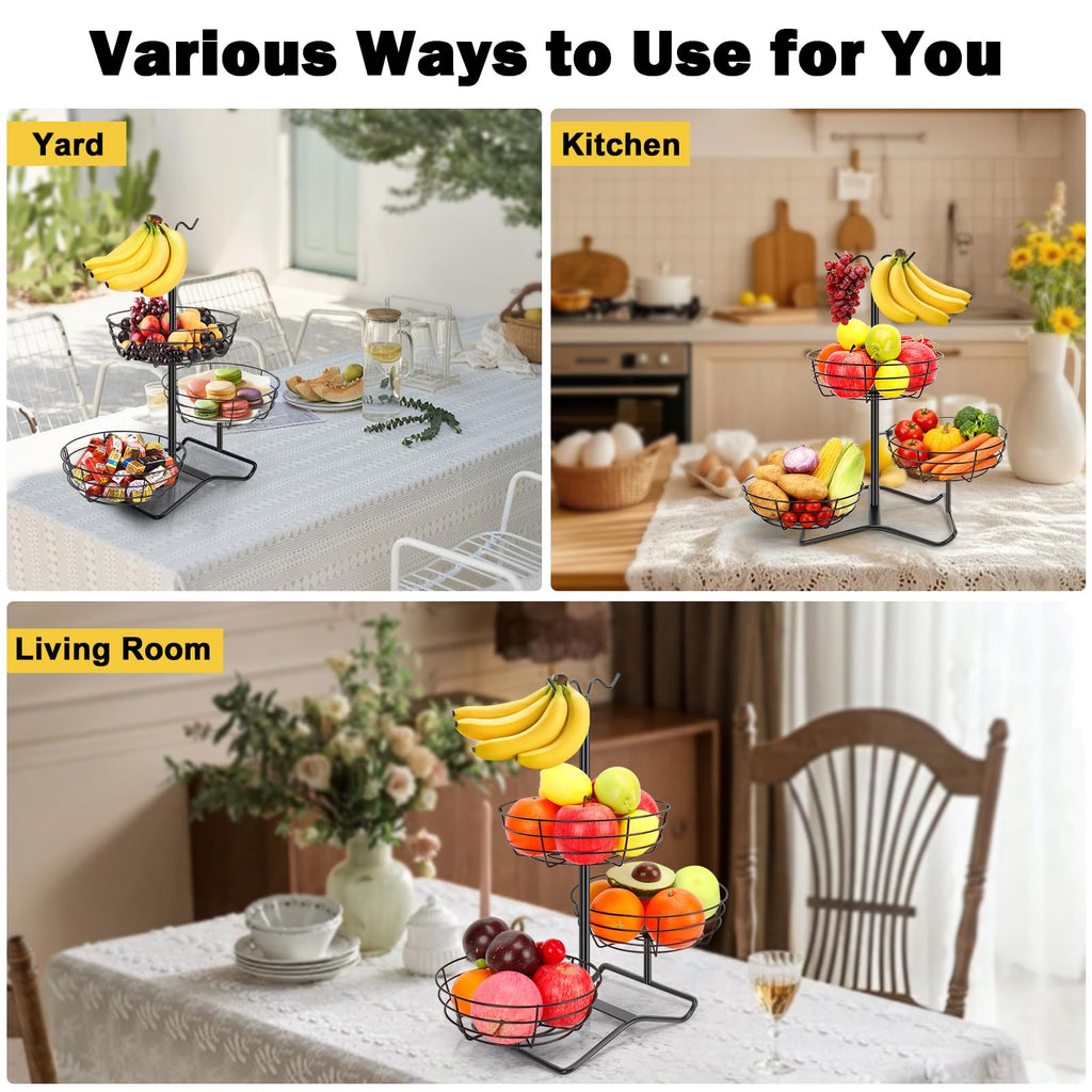 3 Tier Fruit Basket Bowl with 2 Banana Hooks Z221