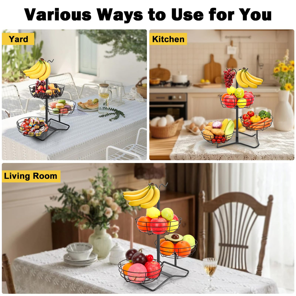 3 Tier Fruit Basket Bowl with 2 Banana Hooks Z221