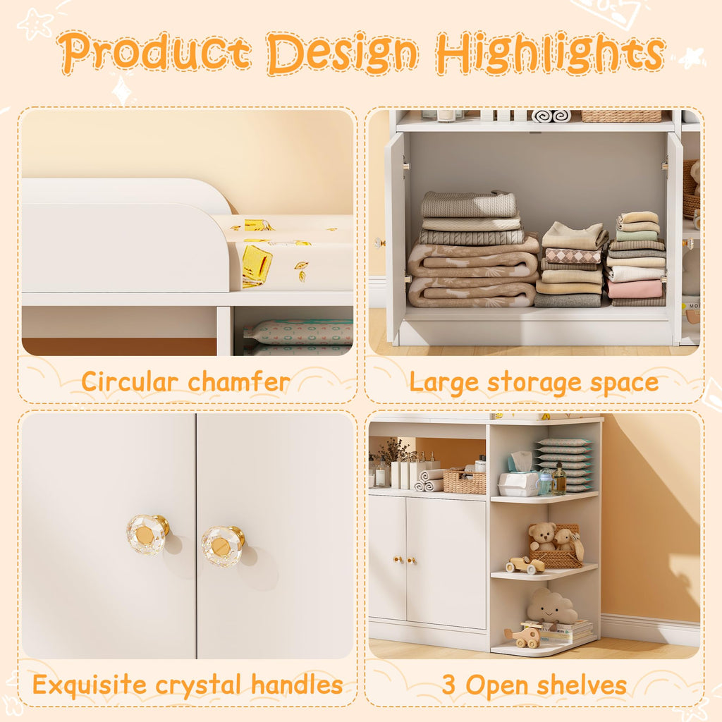 White Wood Changing Table Dresser with Cabinet Y12305