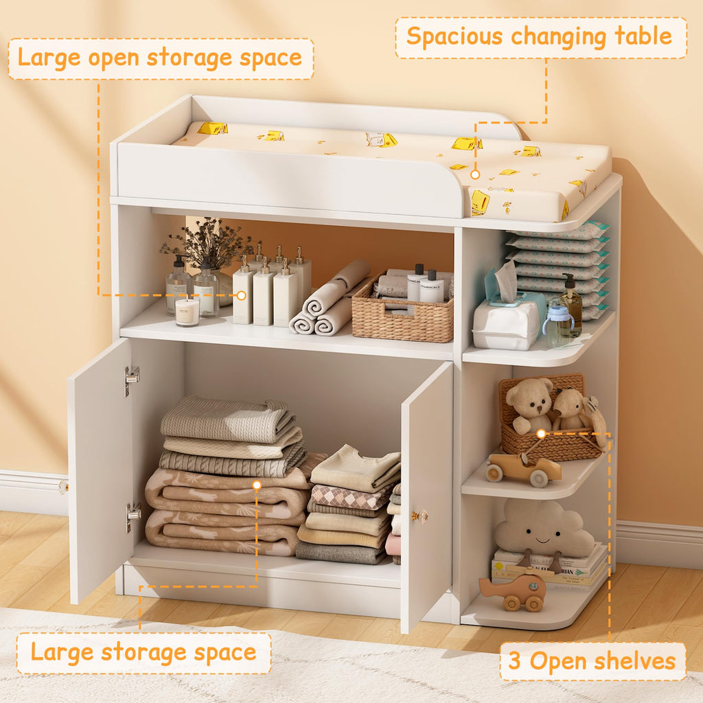 White Wood Changing Table Dresser with Cabinet Y12305