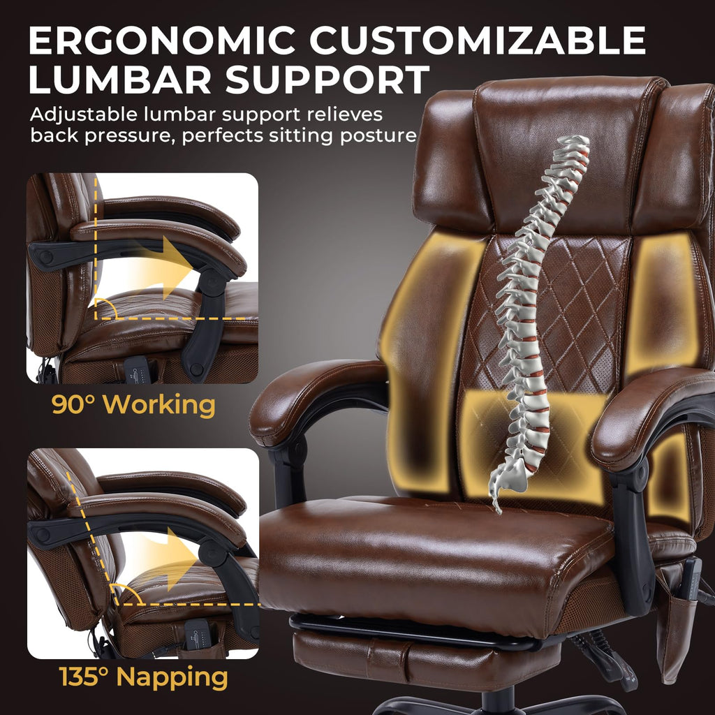 Brown Heated Massage Reclining Leather Office Chair with Foot Rest X162447