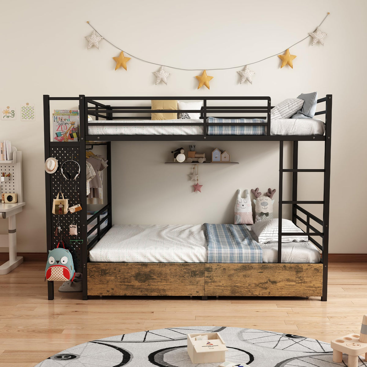 Twin Over Twin Metal Bunk Bed with Storage S1344