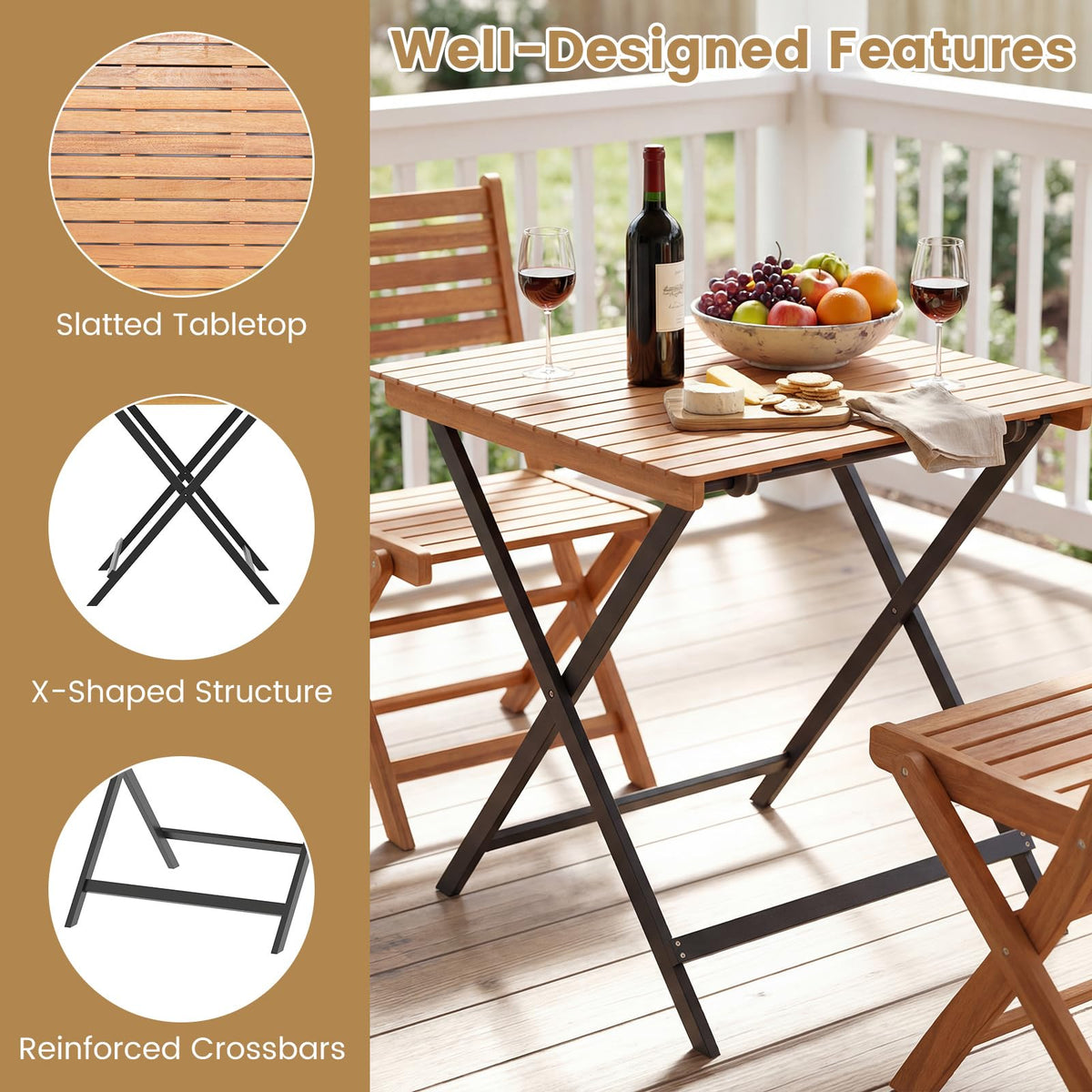 28-Inch Acacia Wood Square Foldable Patio Dining Table G77294