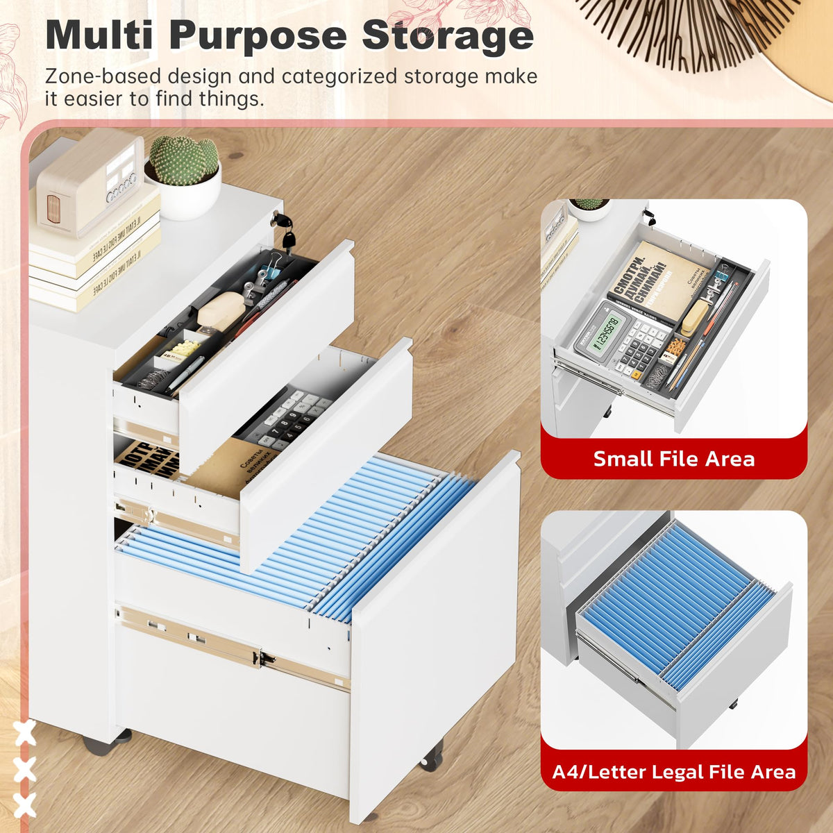 White 3 Drawer Metal Rolling File Cabinet E7210
