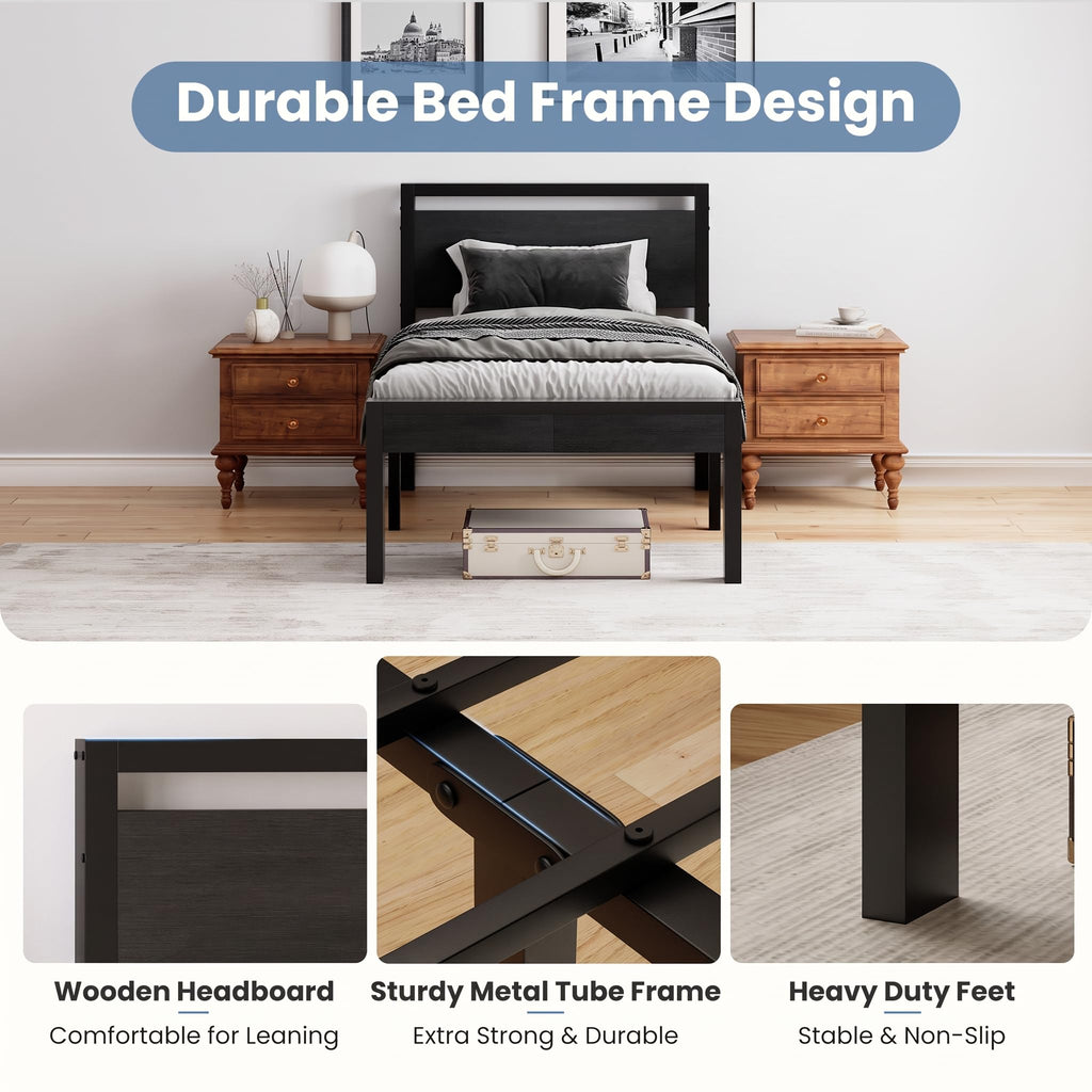 14 Inch Twin Size Metal Bed Frame with Wood Headboard I994