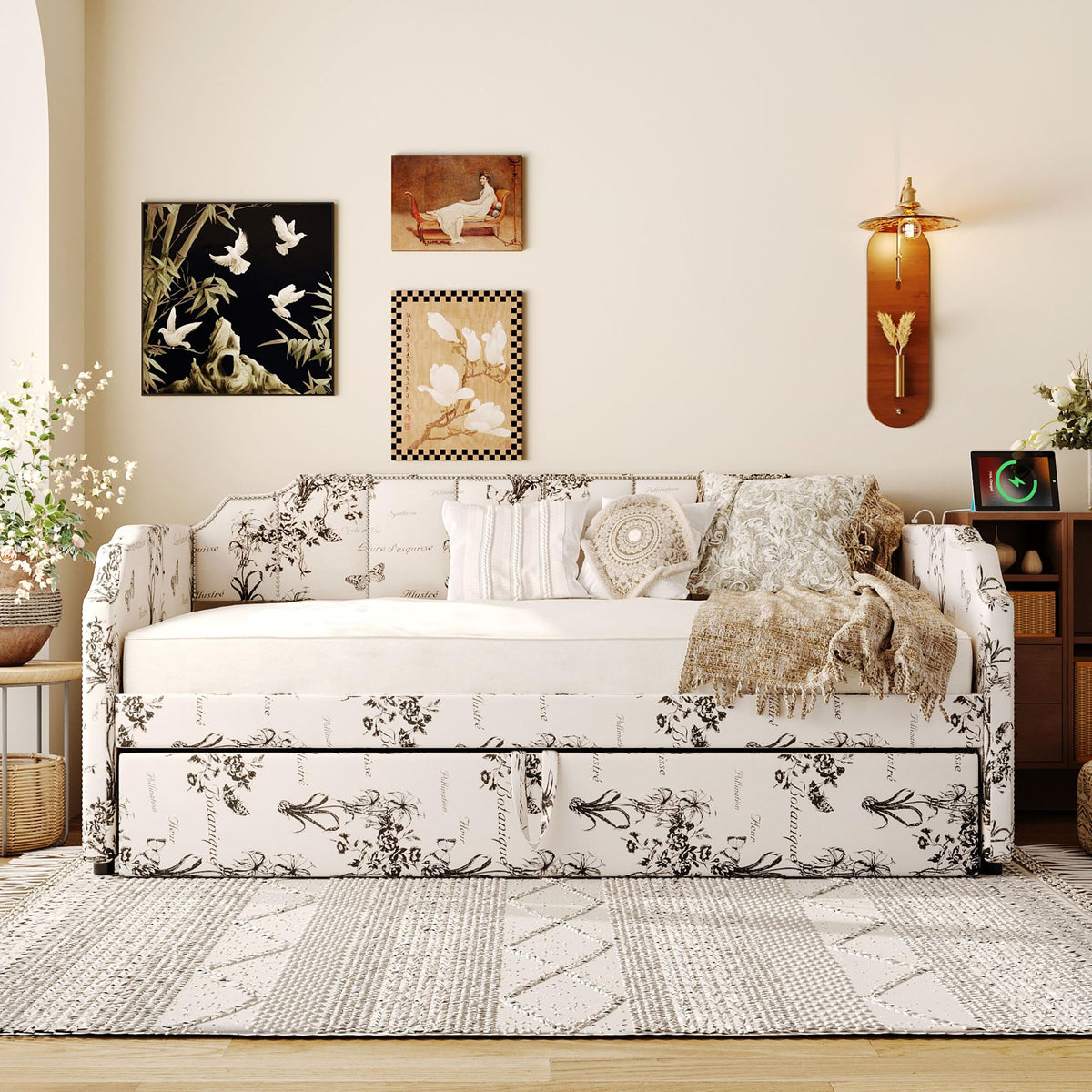 Twin Size Linen Upholstered Daybed with Trundle W931