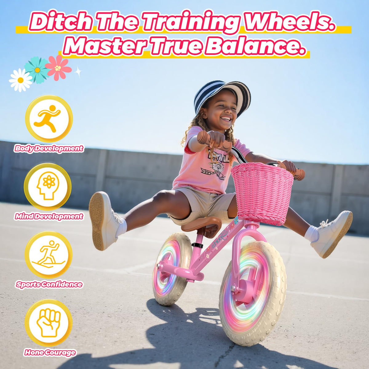 Toddler Balance Bike with Fender, Adjustable Seat/Handlebar, Flat-Free LED Tires H311513