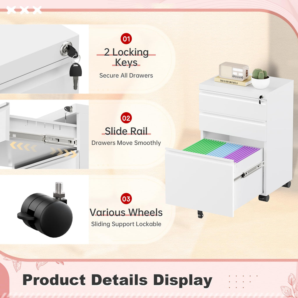 White 3 Drawer Metal Rolling File Cabinet E7210