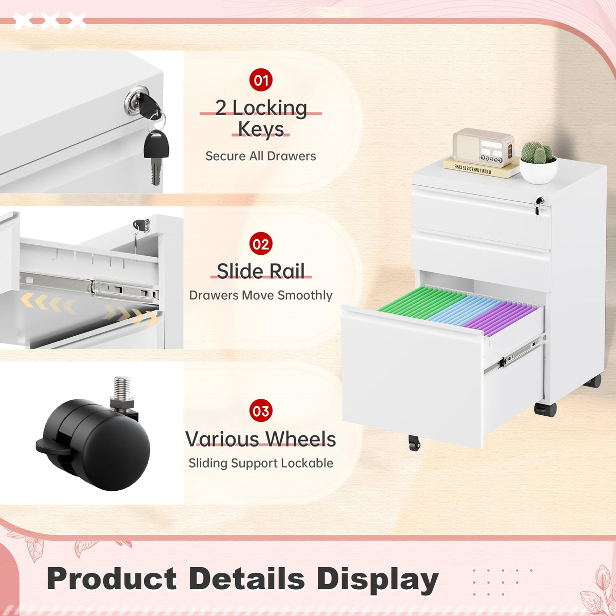 White 3 Drawer Metal Rolling File Cabinet E7210