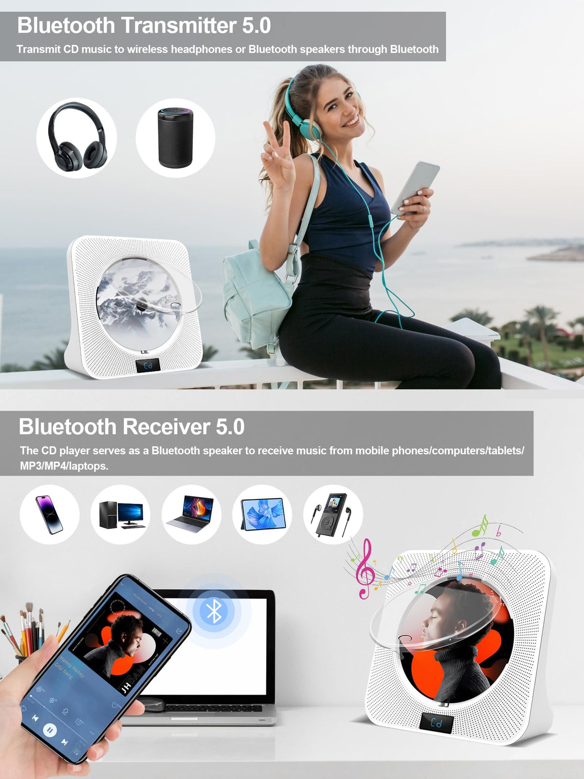 White Portable CD Player with Bluetooth A6732