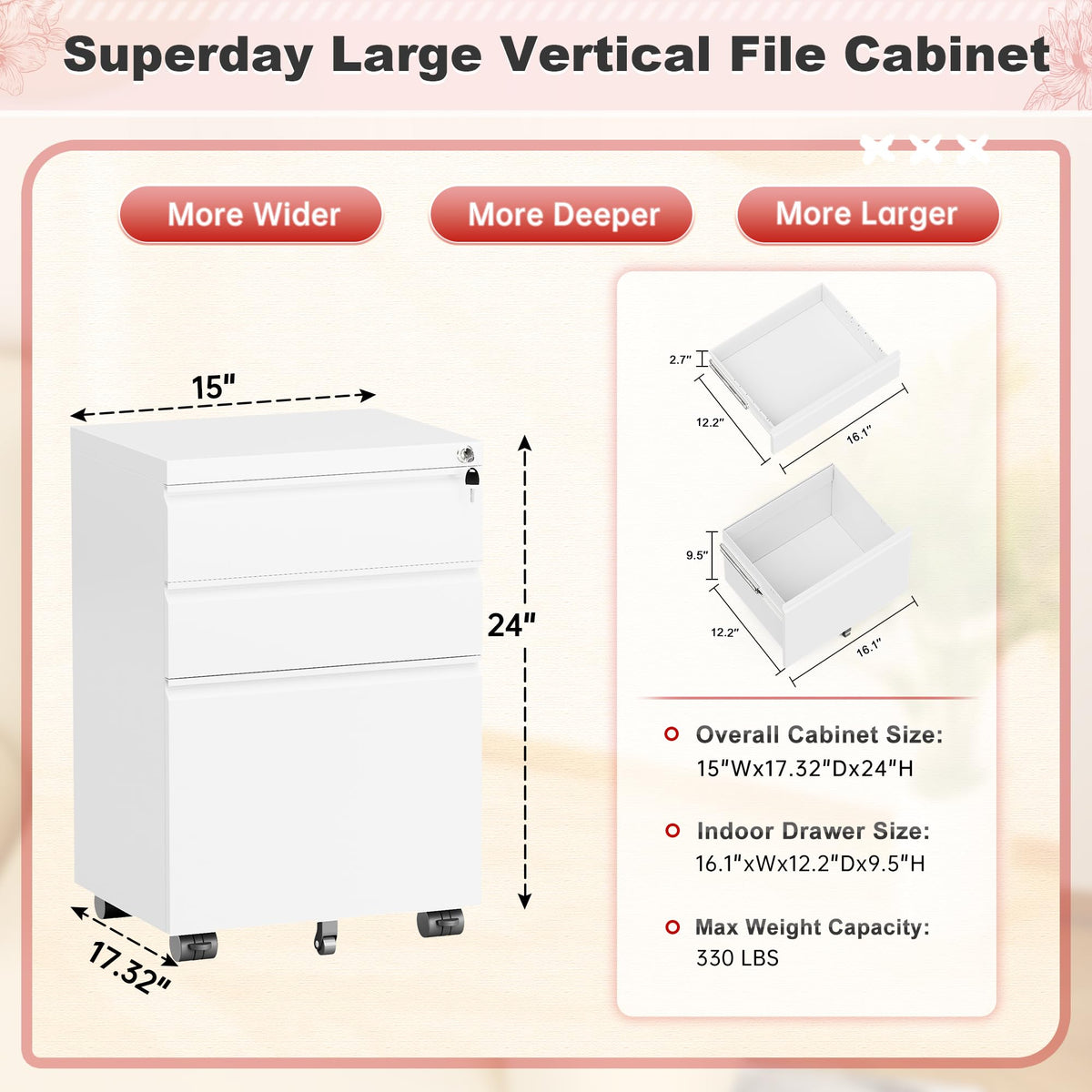 White 3 Drawer Metal Rolling File Cabinet E7210