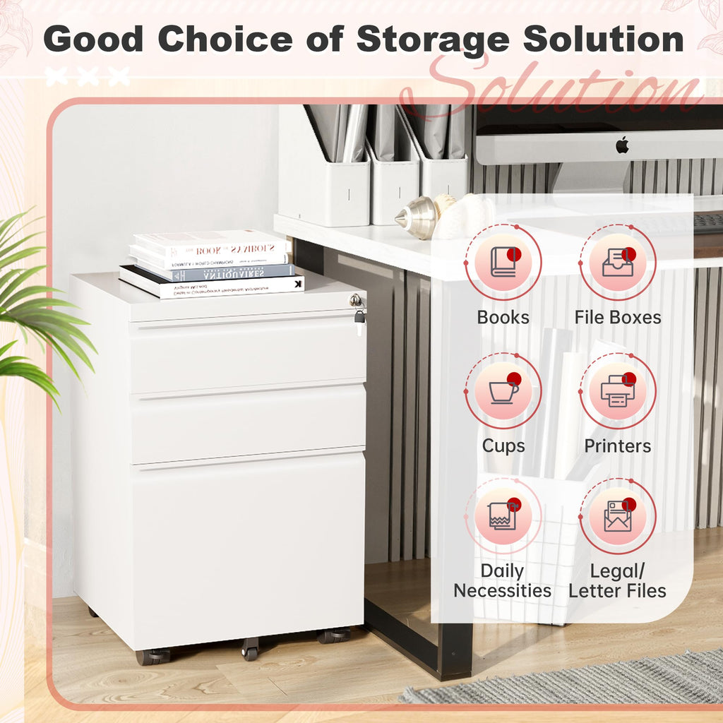 White 3 Drawer Metal Rolling File Cabinet E7210