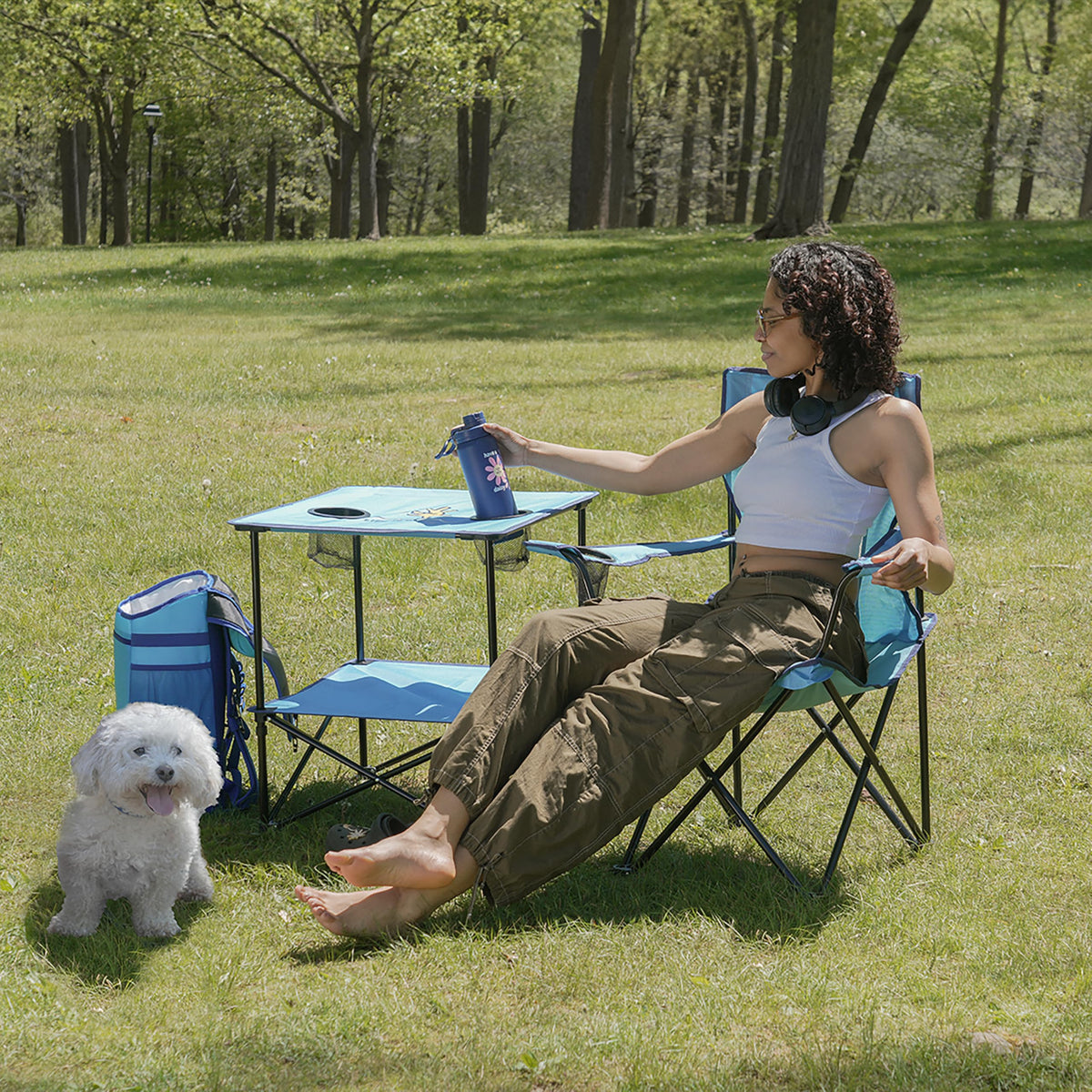 22” Square Compact Outdoor Folding Table with Cup Holders and Carry Bag Y89611