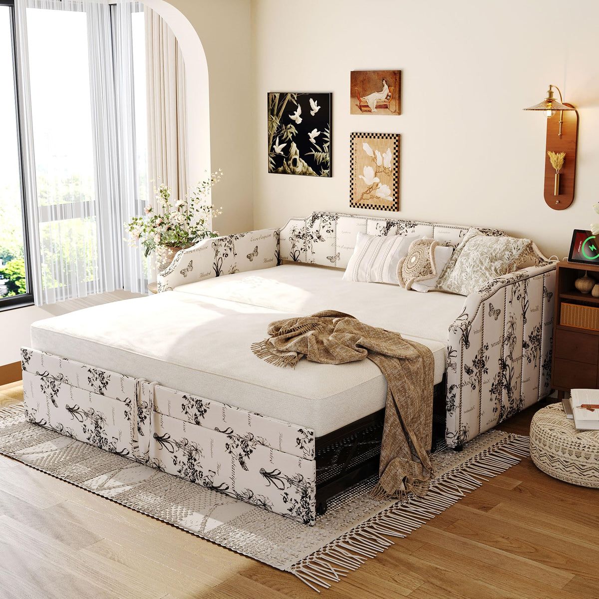 Twin Size Linen Upholstered Daybed with Trundle W931