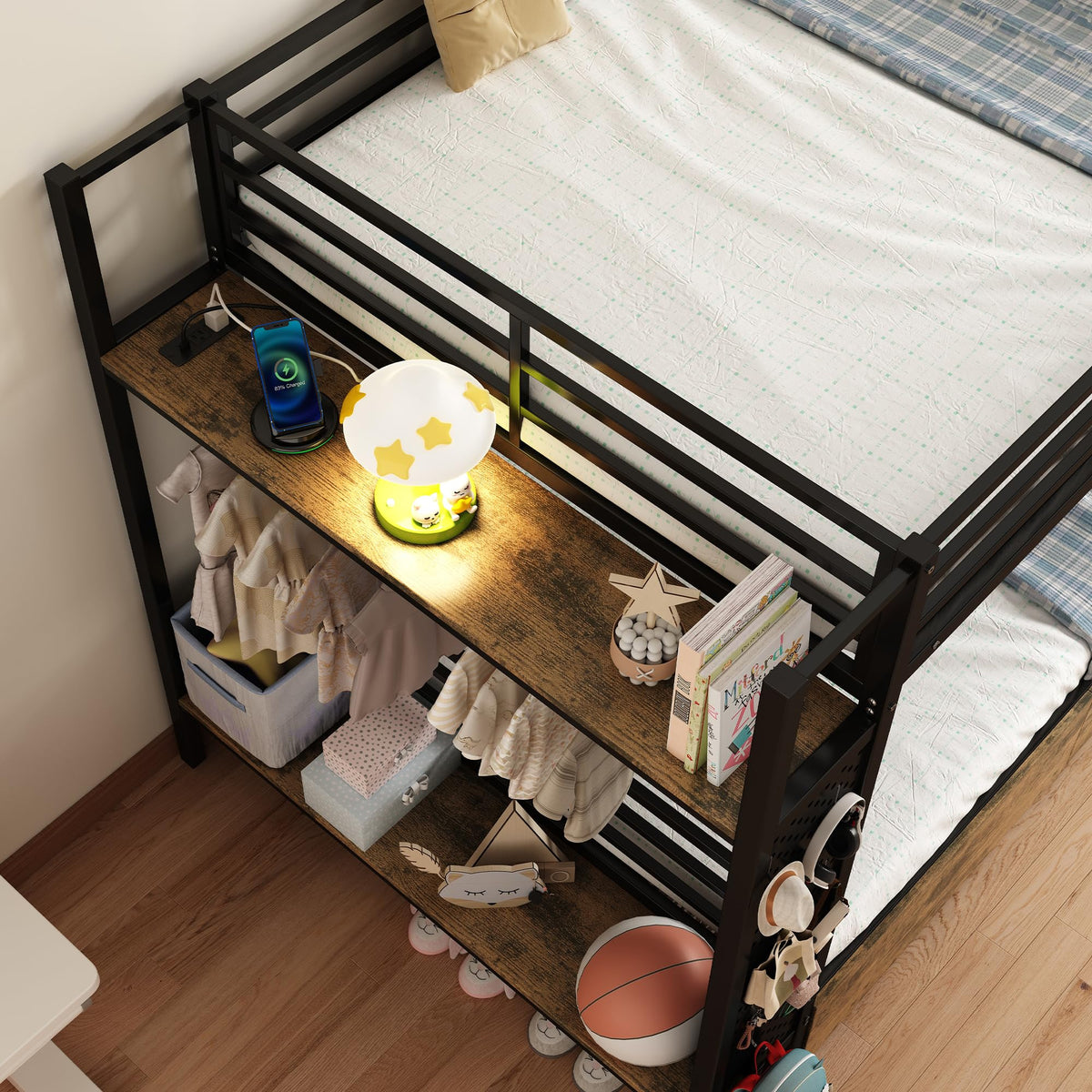 Twin Over Twin Metal Bunk Bed with Storage S1344