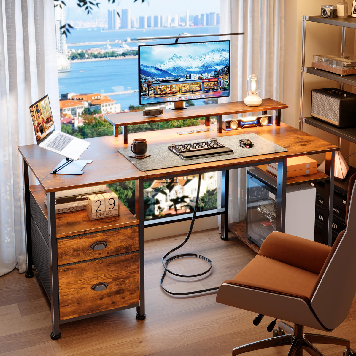 51" Computer Desk with Outlets & LED, Brown U486