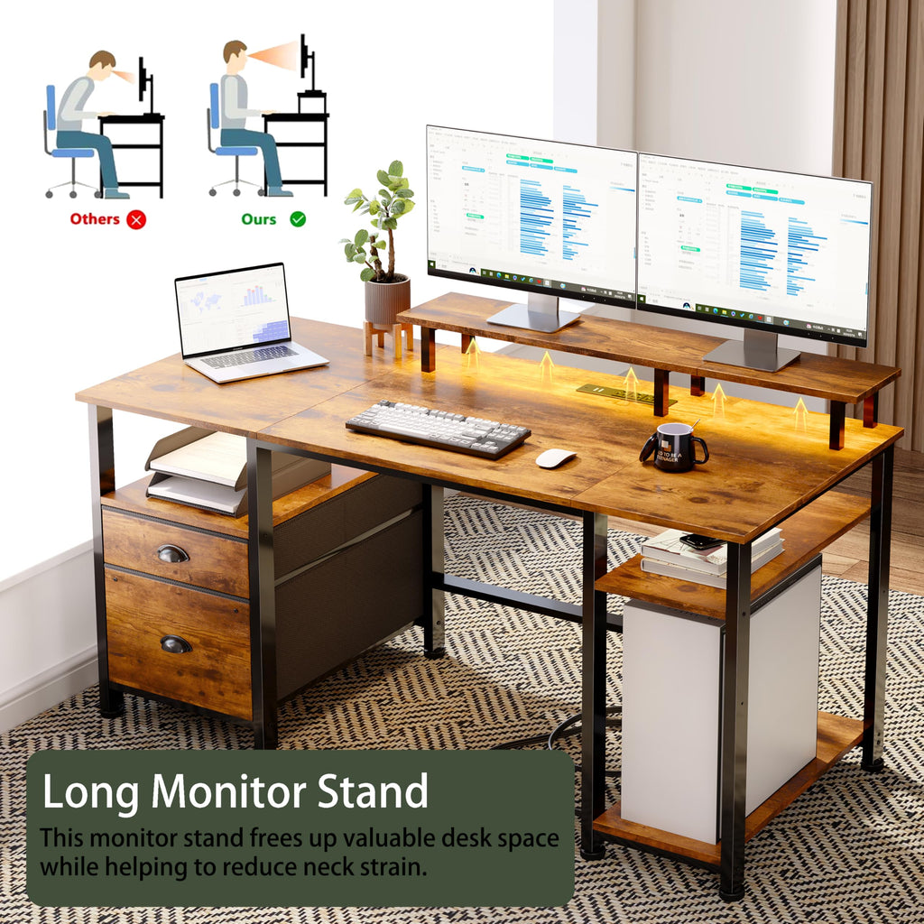 51" Computer Desk with Outlets & LED, Brown U486