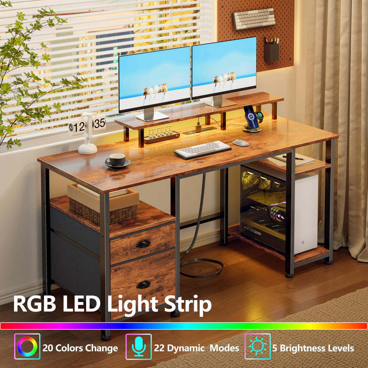 51" Computer Desk with Outlets & LED, Brown U486